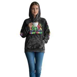 Meow Wolf Hoodie Acid Wash Black Multicolor Graphic Pullover Unisex Fit XS